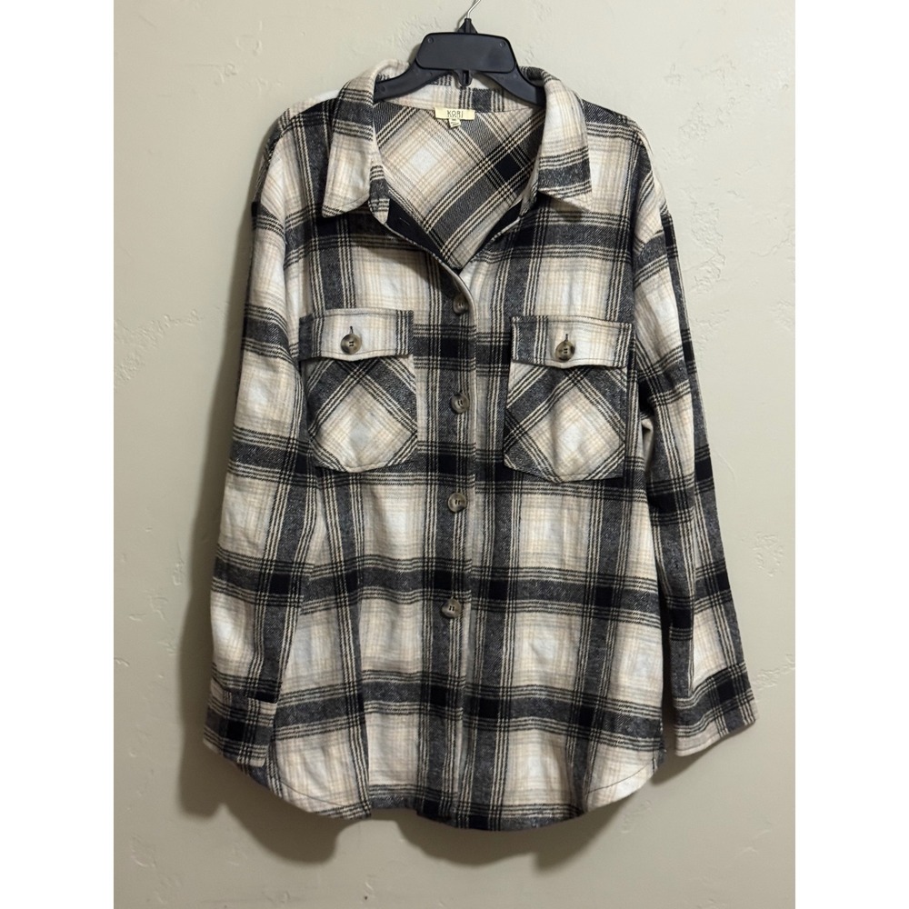 Kori America Plaid Shacket Womens 1XL Black Cream Flannel Shirt Jacket